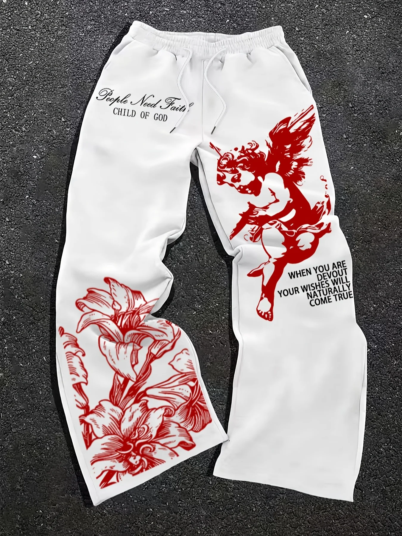 Men's Casual Sports Pants, Floral Angel Pattern Print, Drawstring Wide Legs, Loose Fit, Suitable for All Seasons, Men's Fashion