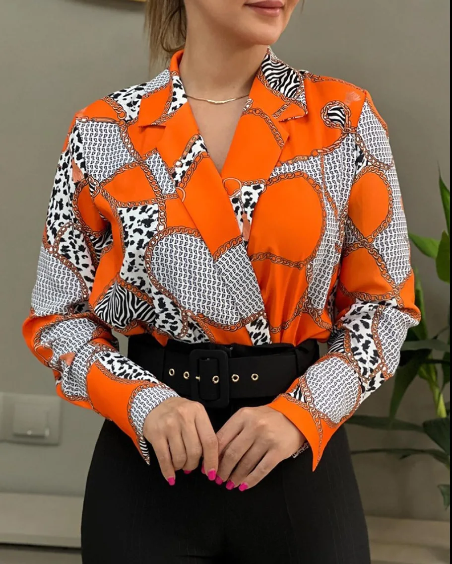 Fashion Long Sleeve V-neck Office Women Tops And Blouses 2023 Autumn Chain Print Casual Elegant Shirts For Women Top Femme