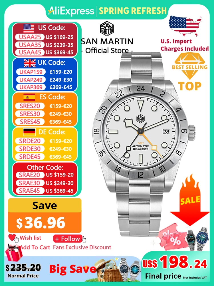 

San Martin New 39mm NH34 BB GMT Automatic Mechanical Watch Sport Watch Sapphire Luminous Waterproof 100m for Men Relogio SN0054