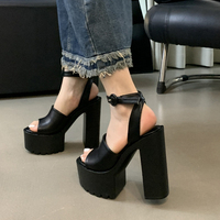 14cm Block High Heels For Women Platform Sandals Black Pu Leather Ankle Buckle Punk Summer Shoes Size 43 Zapatillas De Mujer