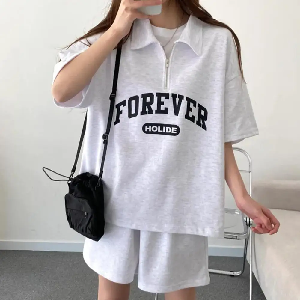 Harajuku Letter Print T-shirts Shorts Set Korea Fashion Ladies Solid Color Suits 2023 Summer 2 Piece Outfits Top Shorts Combo