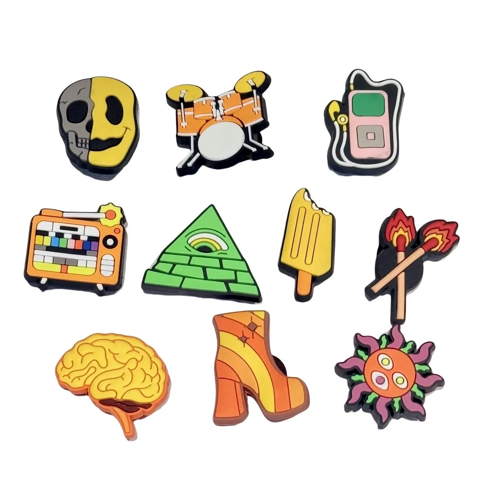 1-10 pièces dessin animé flamme crème glacée talons hauts batterie ensemble crâne soleil TV cerveau PVC chaussures breloques pour sabots broches trou pantoufle décoration
