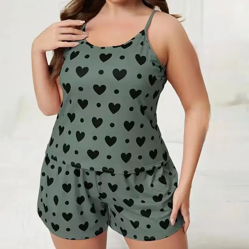 Plus-Size Women Pajamas Sleepwear Pajama Set Nightgowns Camisole Shorts Nightclothes Green XL 2XL 3XL Love Print Smooth Soft