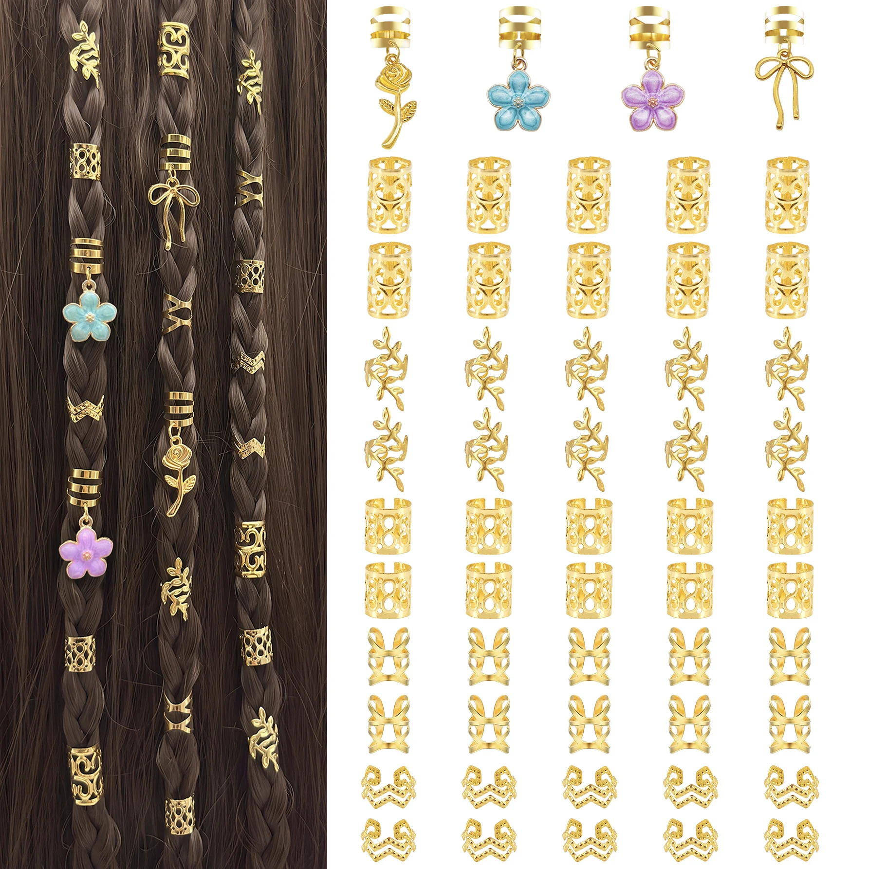 54pcs Hair Rings with Golden Rose and Bow Blue and purple Camellia– Delicate Adjustable Cuffs, Bohemian Jewelry for Dreadlocks