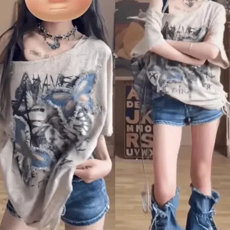2024 Large Size Vintage Sweet and Spicy Women\'s Clothing Loose Short Sleeve All-match Slash Neck Office Lady Standard T-shirt