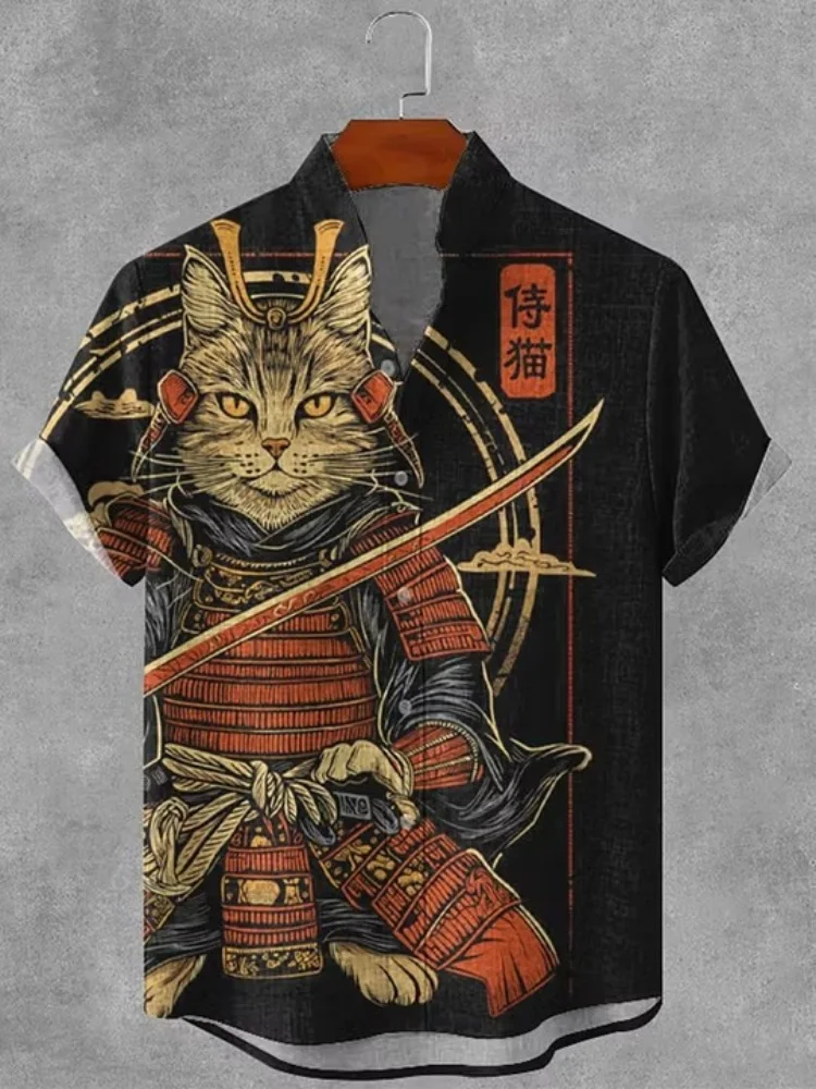 Men's shirt summer short sleeved shirt creative pocket peeking black and white cat print casual shirt comfortable fabric