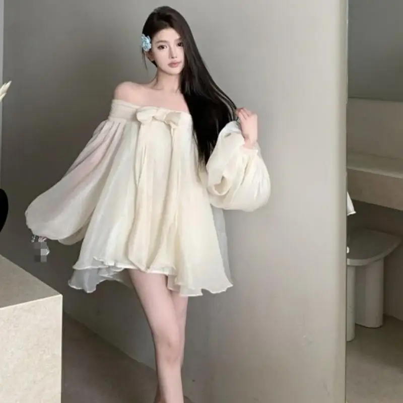 Elegant Temperament Girl Bow One Shoulder Tops Autumn New Gentle Women's Loose A-Line Skirt Comfortable Versatile Skin Friendly