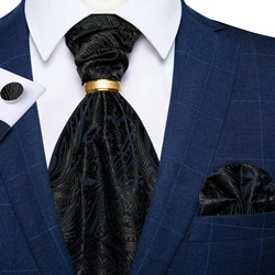 Black Blue Paisley Ascot Tie Set with Golden Color Metal Ring Handkerchief Cufflinks Elegant Cravat for Suits Wedding Prom Groom