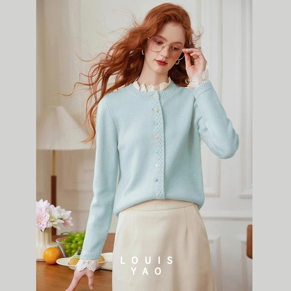 

LOUISYAO Lace Splicing Women's Knitted Sweater 2025 Autumn/Winter Tops Single Breasted Knitted Cardigan Gentle Knitted Coat