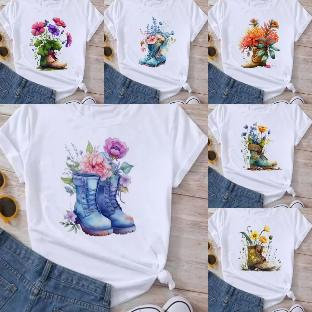 

Women Clothing Trend T-shirt Retro floral boots Fashion White Tee Clothes Print Womens Casual Graphic Short Sleeve T-shirts