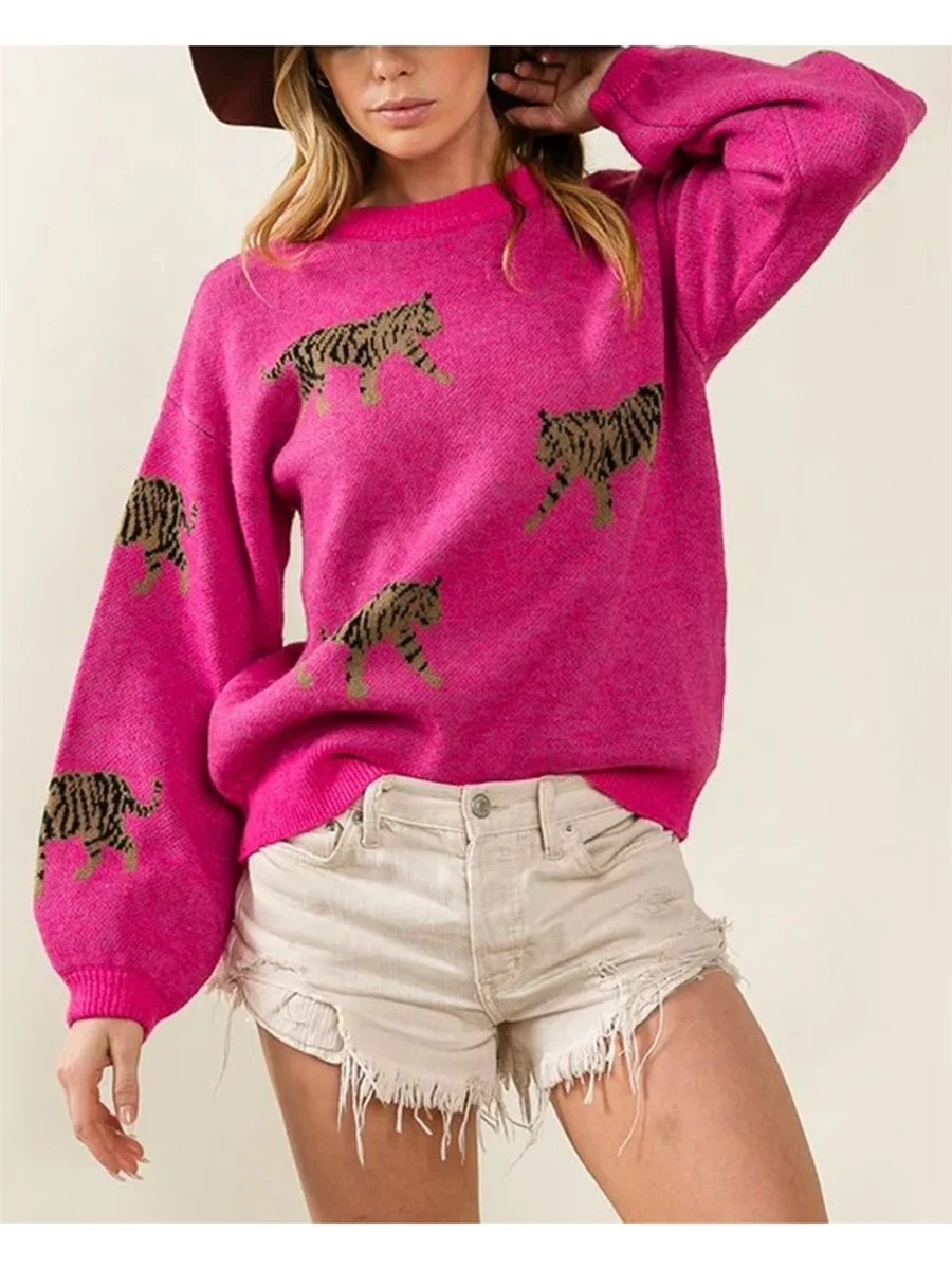 Women Comfy Sweaters Casual Warm Tiger Print Long Sleeve Pullover Basic Knitwear for Fall Streetwear