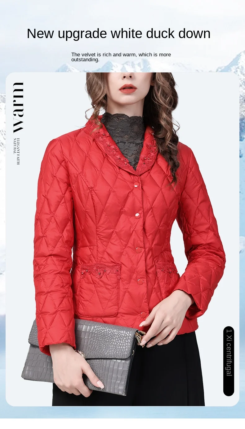 Chaqueta de plumón con cuello en V bordada para mujer, abrigo grueso y cálido de plumón de pato rojo, Abrigo acolchado de algodón, novedad de 2022