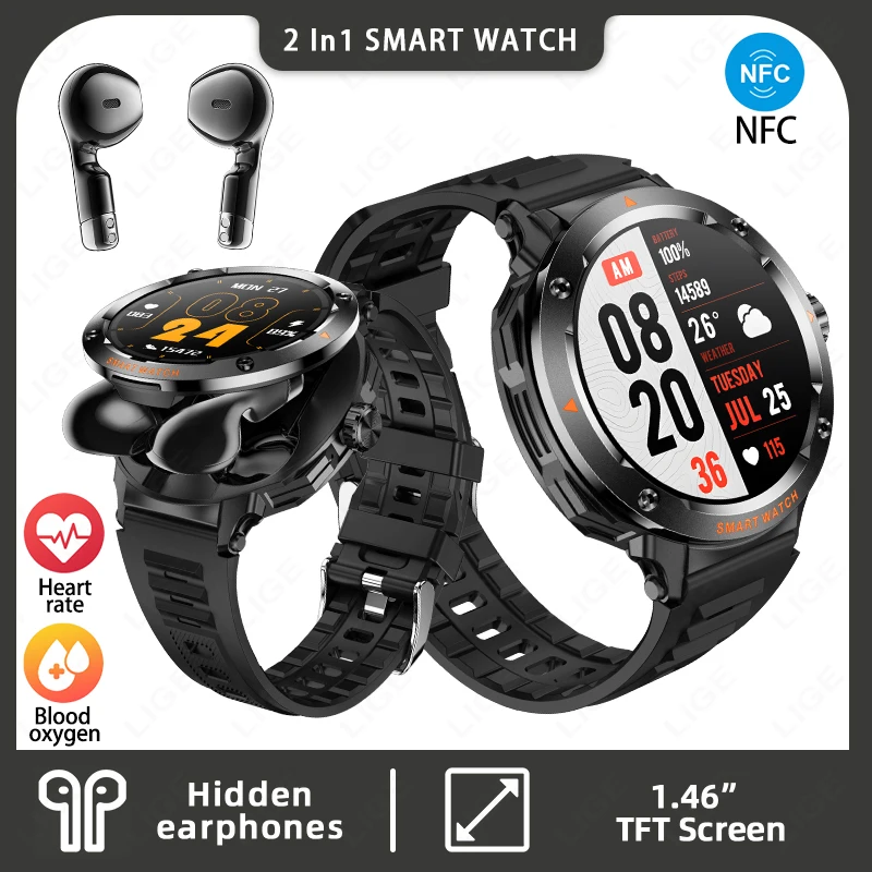 

New Build-in Headset Smart Watch Men TWS 2 in 1 Wireless BT Call Earphones Heart Rate Sports Fitness Tracker Earbuds Smartwatch
