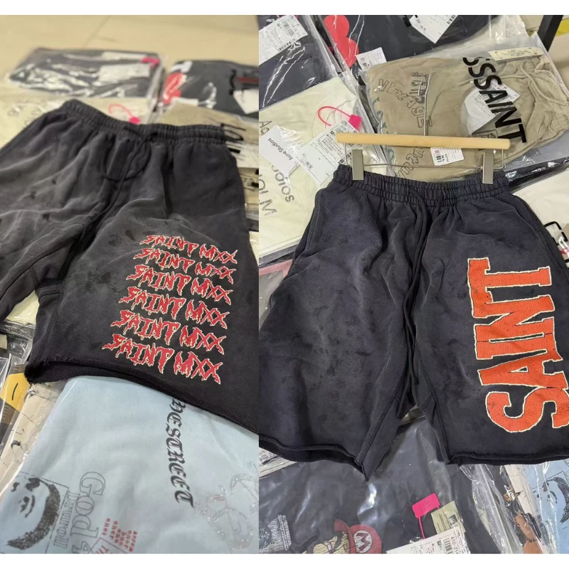 Summer Retro Distressed Saint Shorts High Quality Men Women Drawstring Sports Basketball Shorts