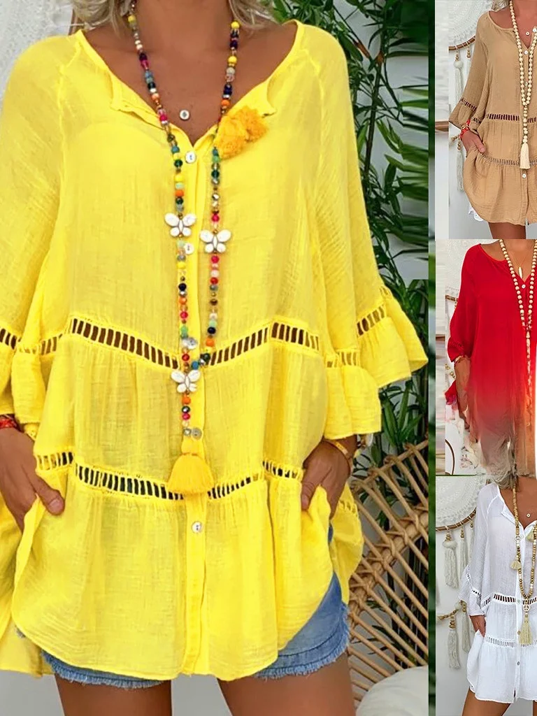 Lâche évider t-shirt quart Sve Dr femme décontracté Faion Polyester fibre une ligne jupe ort longueur U Ne Dr