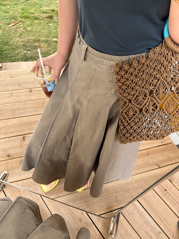 

Spring Vintage Midi Skirt Adjustable Bule High Waist A-Line Pleated plus Size Women's Faion Wooden Man Ideal f-length