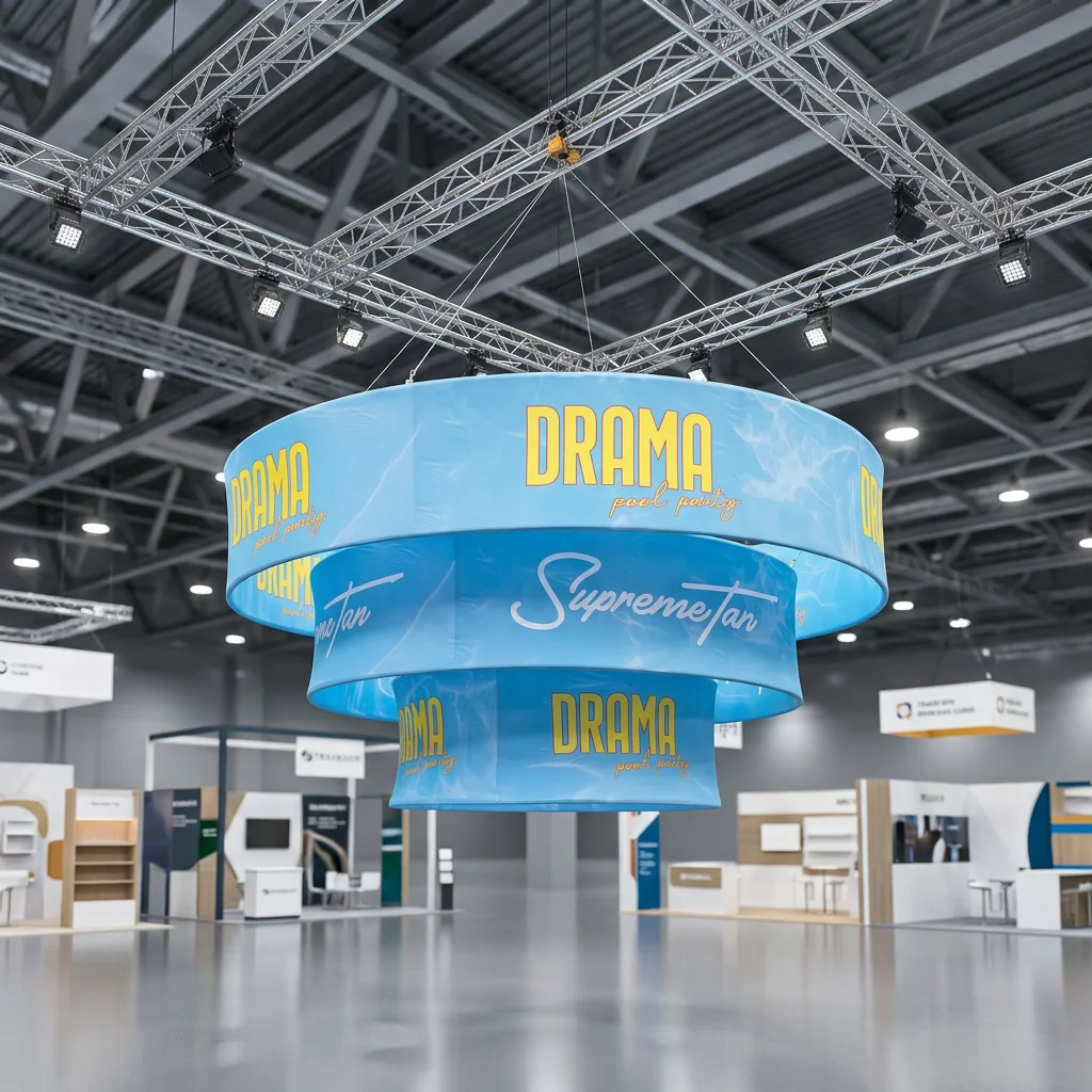 Custom Round Rotating Hanging Sign Exhibition Booth Trade Show Events 360 Degree Display Maximum Brand Exposure Ceiling Banner