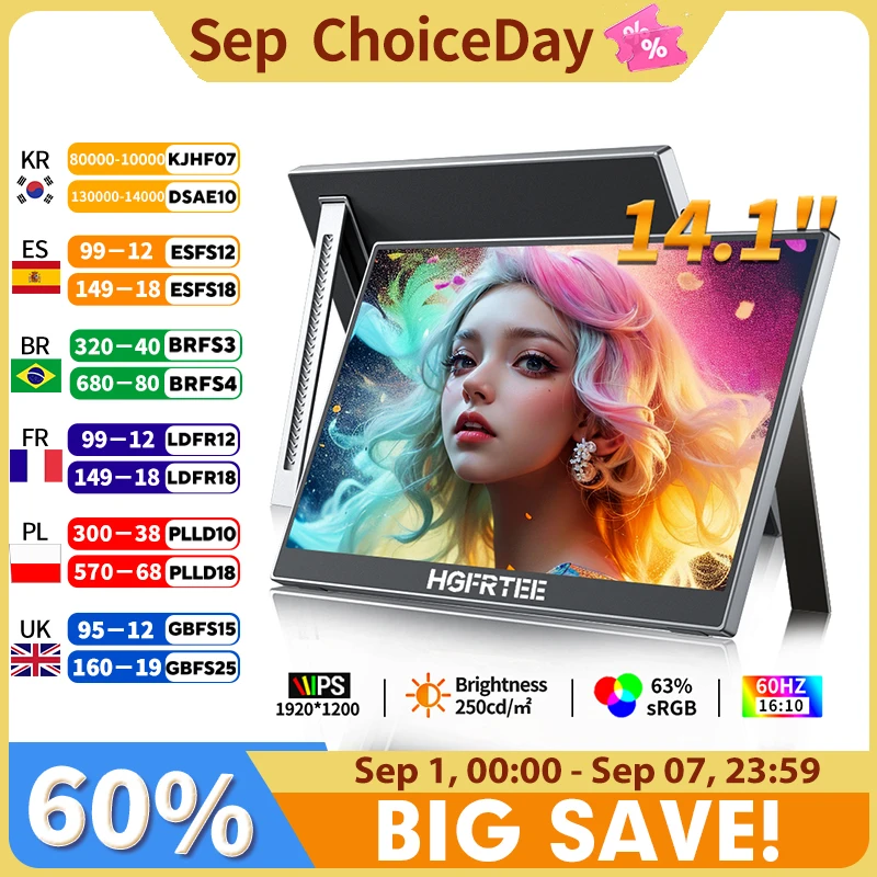 HGFRTEE 14,1-Zoll-tragbarer Monitor 1200P Full HD zweiter Bildschirm für Laptop mit Ständer und USB-C-Konnektivität für PS5 Xbox Switch