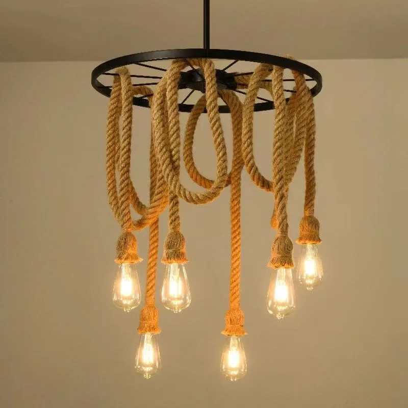 

Simple Wheel Art Chandeliers Industrial Style Retro Lamps Decorative Lamps Personalized Creative Hemp Rope Pendant Lights