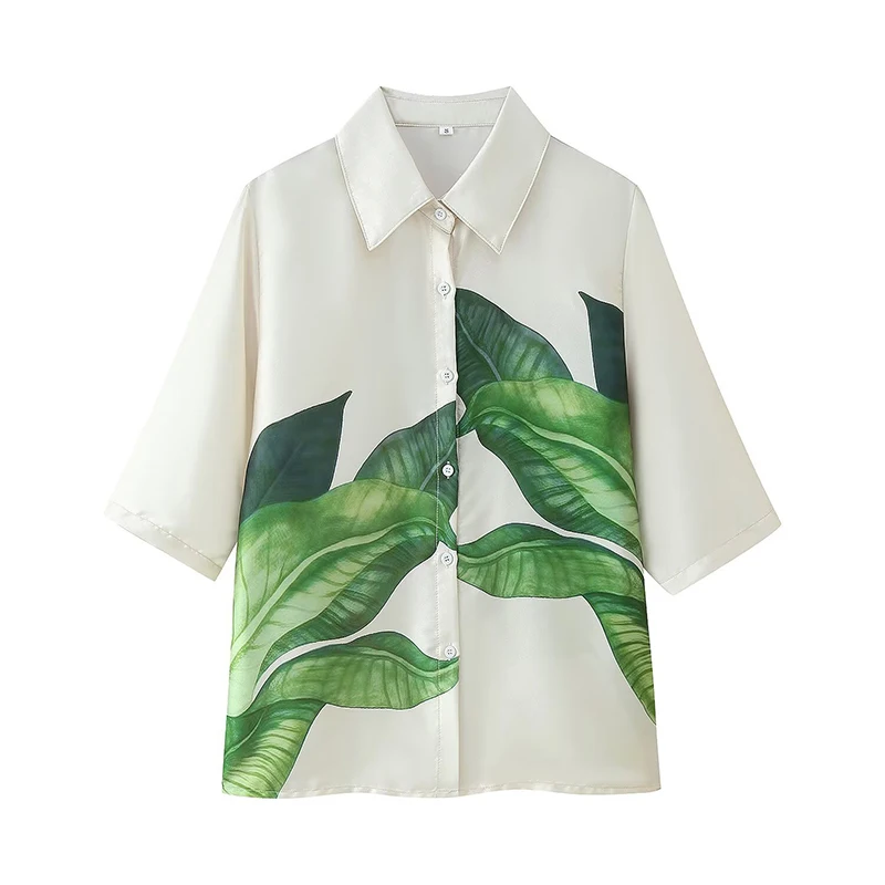 

New Women Lapel Collar Short Sleeve Satin Printed Shirt Casual Summer Blouse