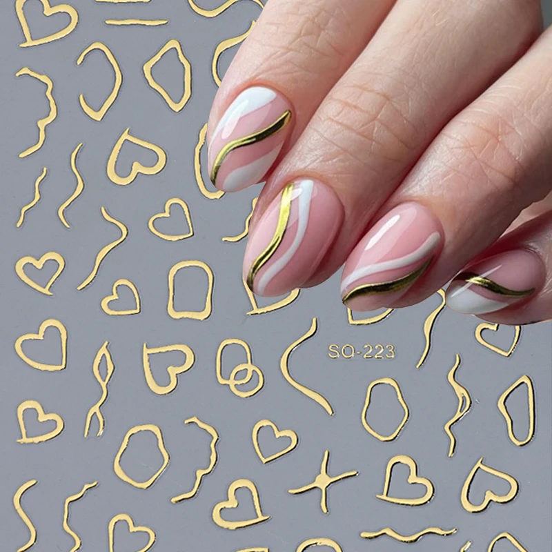 3D Liefde Hart Lijnen Nail Stickers Rose Goud Zilver Metalen Streep Letters Decals Curve Gel Nagels Art Sliders Polish Manicure decor