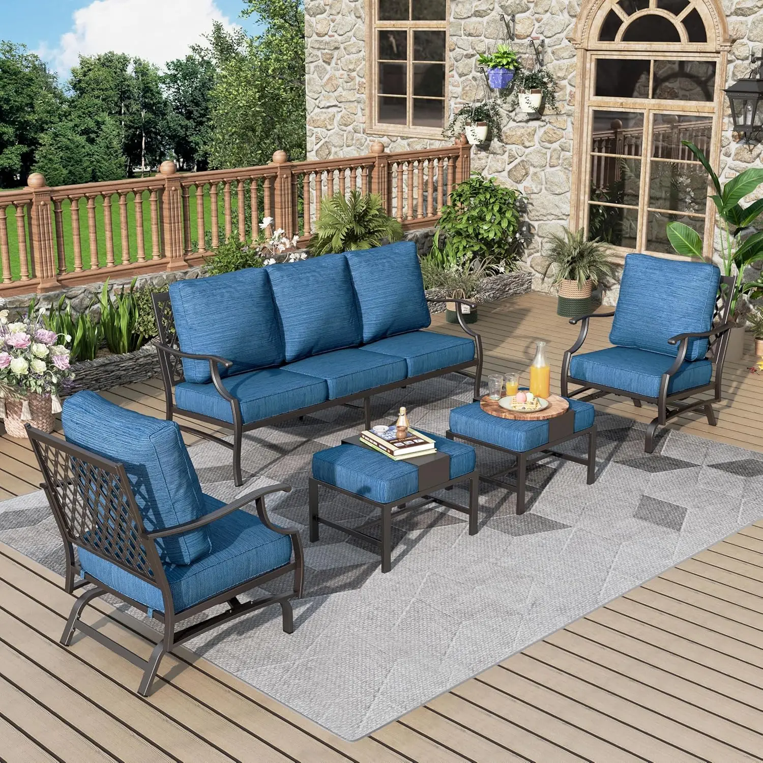 

Patio Furniture Set 5 pcs, 3-Seat Sofa, 2 Rocking Chairs, 2 Ottomans and 5.75" Extra Thick Cushion,Gemstone Blue