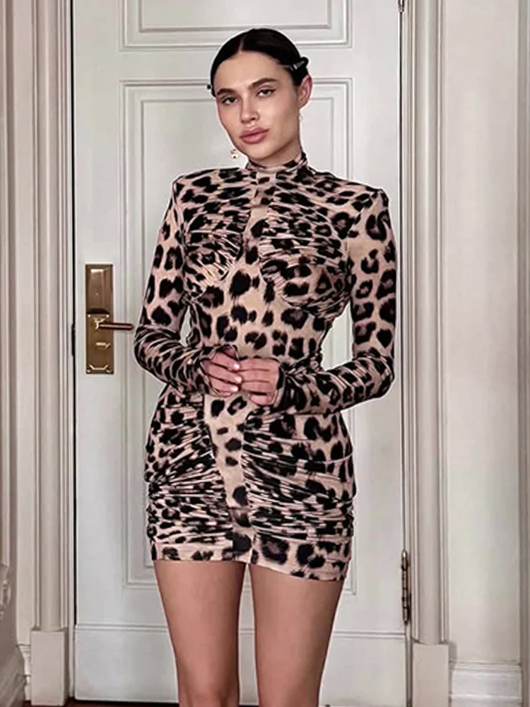 Sisterlinda Sexy Leopardenmuster-Kleid für Damen, rückenfrei, gerüscht, Patchwork, halbhoher Kragen, volle Ärmel, elegant, Stretch, schlank, figurbetont