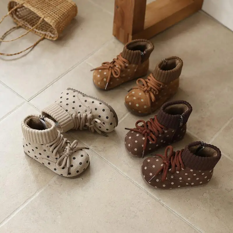 

Hot Kawaii Casual Shoe Fashion Childrens Shoes Girls Cotton Boots Polka Dot Boots 2025 Winter New Kids Fleece Lined Warm Fluffy