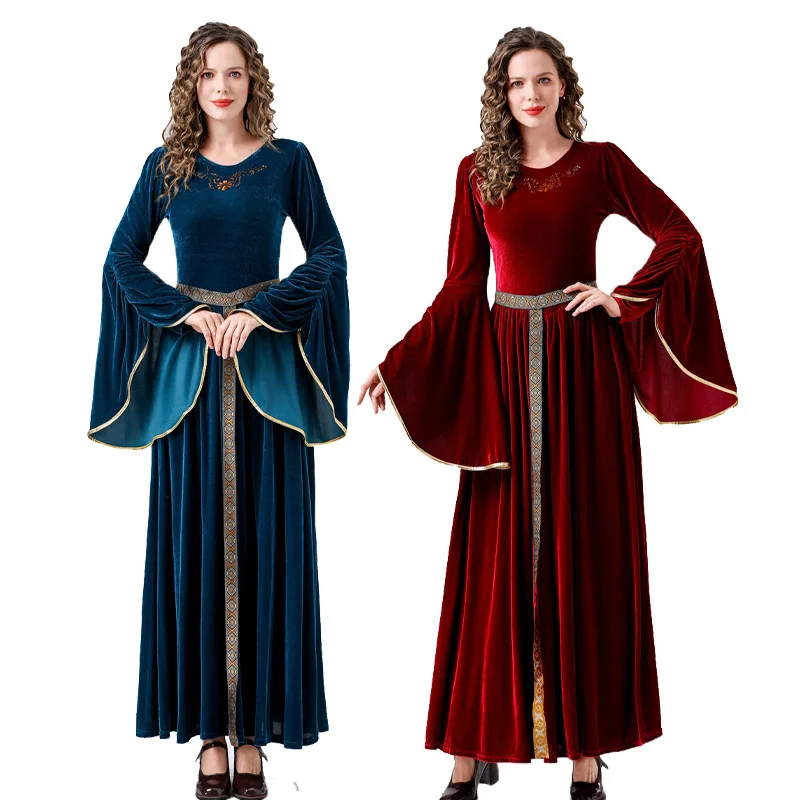 

Medieval Adult Women Dress Renaissance Queen Cosplay Costumes Retro Court Ball Trumpet Sleeve Long Dress Performance Clothing