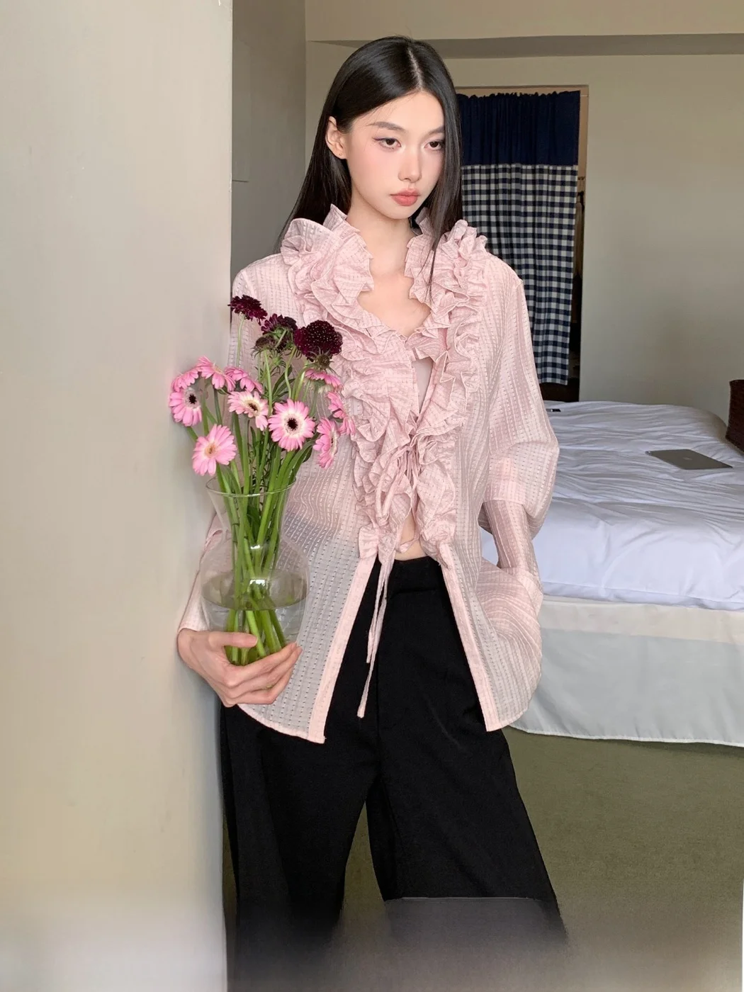 

Летняя прозрачная блузка MOXI с длинным рукавом и воротником-хомутом, повседневная, из полиэстера, однотонная