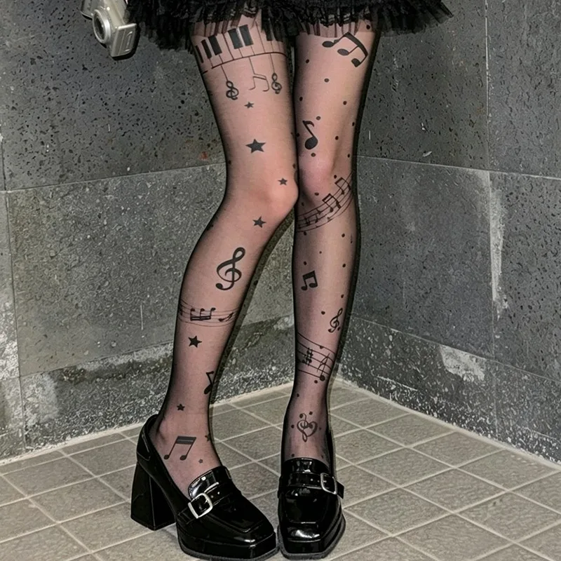 Y2K Musiknoten-Muster Strumpfhose für Damen, Transparente Nylon-Strumpfhose, Hochelastische Strümpfe mit Musikdruck für Konzerte und Halloween