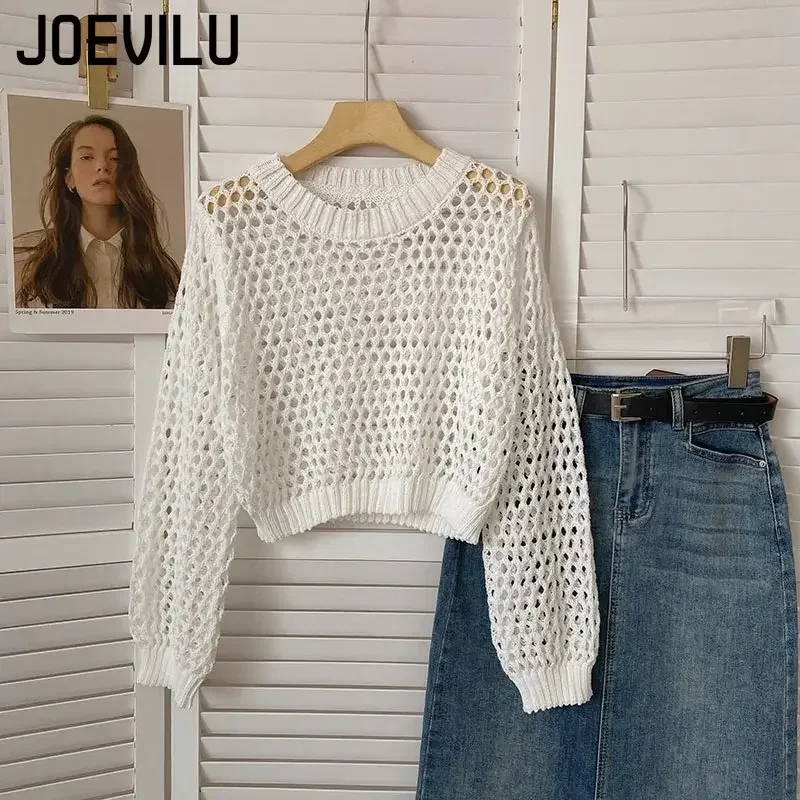 Hollow Out Knit Crop Top Vrouwen Slim Fit Lange Mouw Trui Lente Zomer Casual Shirts Koreaanse Fashion Streetwear Blouse y2k