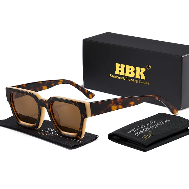 HBK TAC Thick Crystal Acetate Square Sunglasses Men High Quality Polarized Driving Sun Glasses Women Designer Oculos UV400 Case