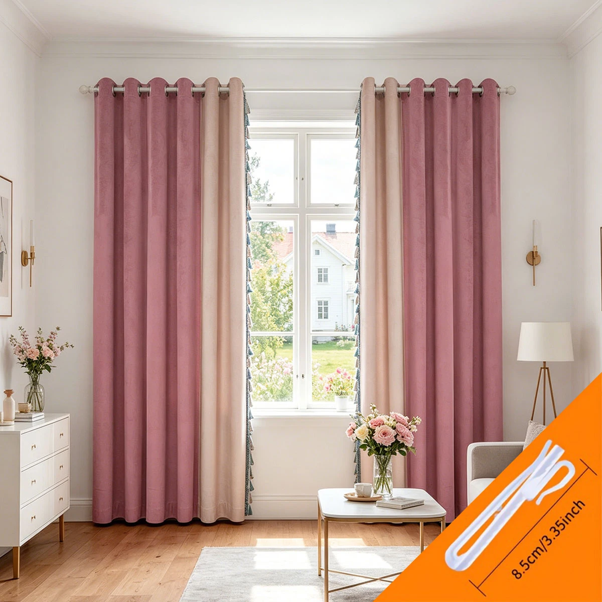 2pcs Pink & Beige Color Block Blackout Curtains with Tassels, Thermal Insulated Grommet Window Drapes for Living Room & Bedroom