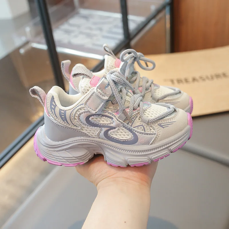 Girl\'s Sneakers New Chunky Children School Basketball Shoes Fashion Mesh Breathable Kids Causal Sports Running Shoes Non-slip