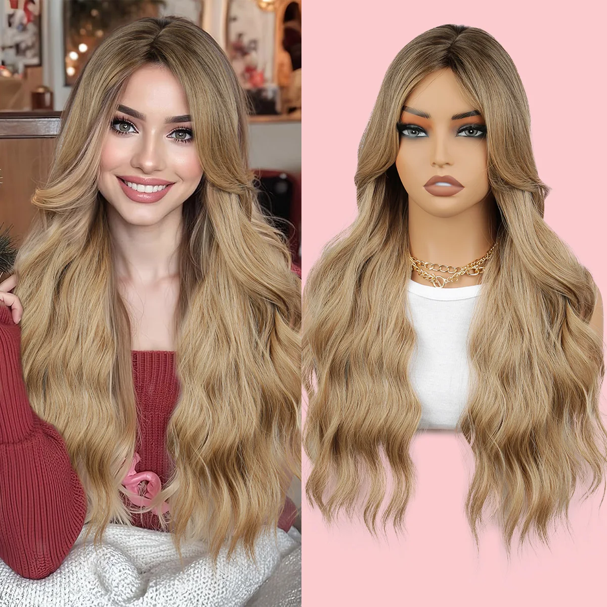 

Золотисто-коричневый мелирование, окрашенная восьмизначная челка, парик, женские длинные волосы, средние точки, большие волны, головной убор из химического волокна