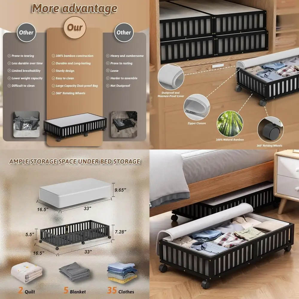 

Large 2-Piece Rolling Underbed Storage Boxes for Shoes, Clothes, and Toys in Black