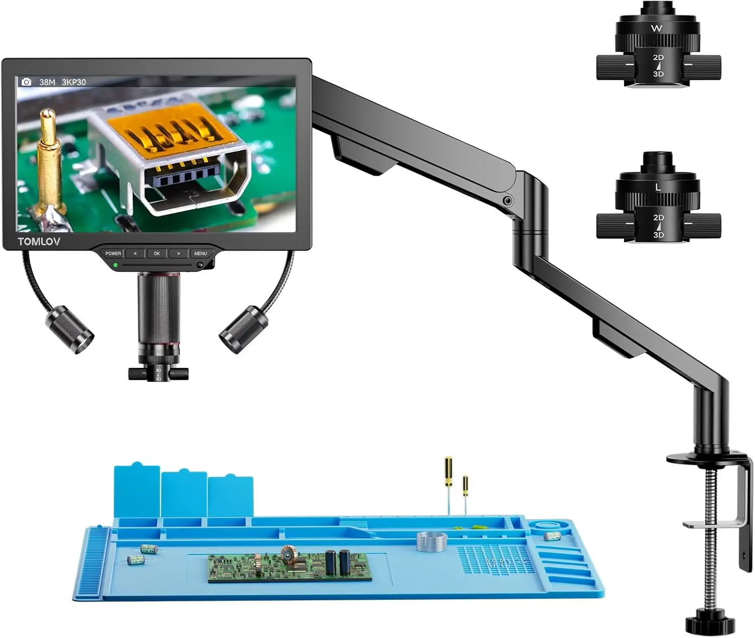 TOMLOV – Microscope numérique 3D 2000X, écran 7 pouces, caméra HDMI, double objectif, Microscope électronique pour soudure, pour réparation de téléphones et de circuits imprimés