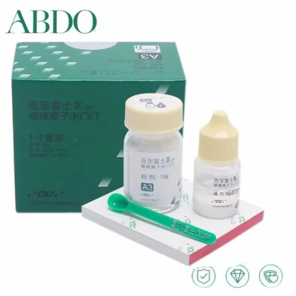 

Dental material Fuji 9 Powder 15g Liquid 8ml glass ionomer dental restoration filled with orthodontic adhesive .