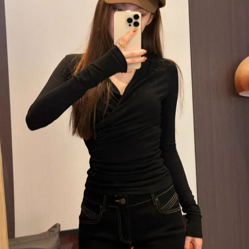 Cross V-neck Design Long-sleeved T-shirt Autumn Winter High-end Pure Slim Fit Pleated Waist-hugging Base Shirt