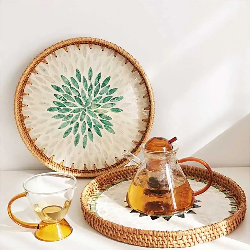 

Hand Woven Mosaic Tray Decorative Round Rattan Serving With Mother Of Pearl Inlay For Snacks Dried Fruit Plate Home Ornamen 917