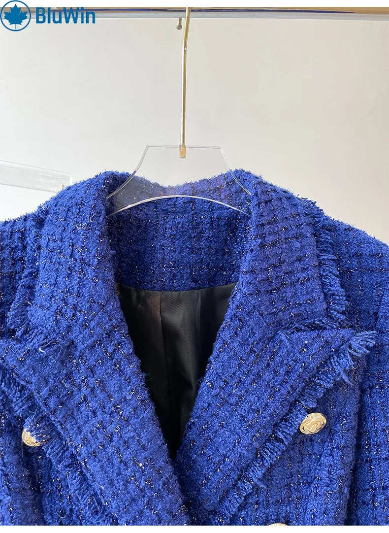 BluWin Women’s Royal Blue Tweed Blazer Double-Breasted Gold Buttons Slim Fit Notched Lapel Chic Office Suit Jacket