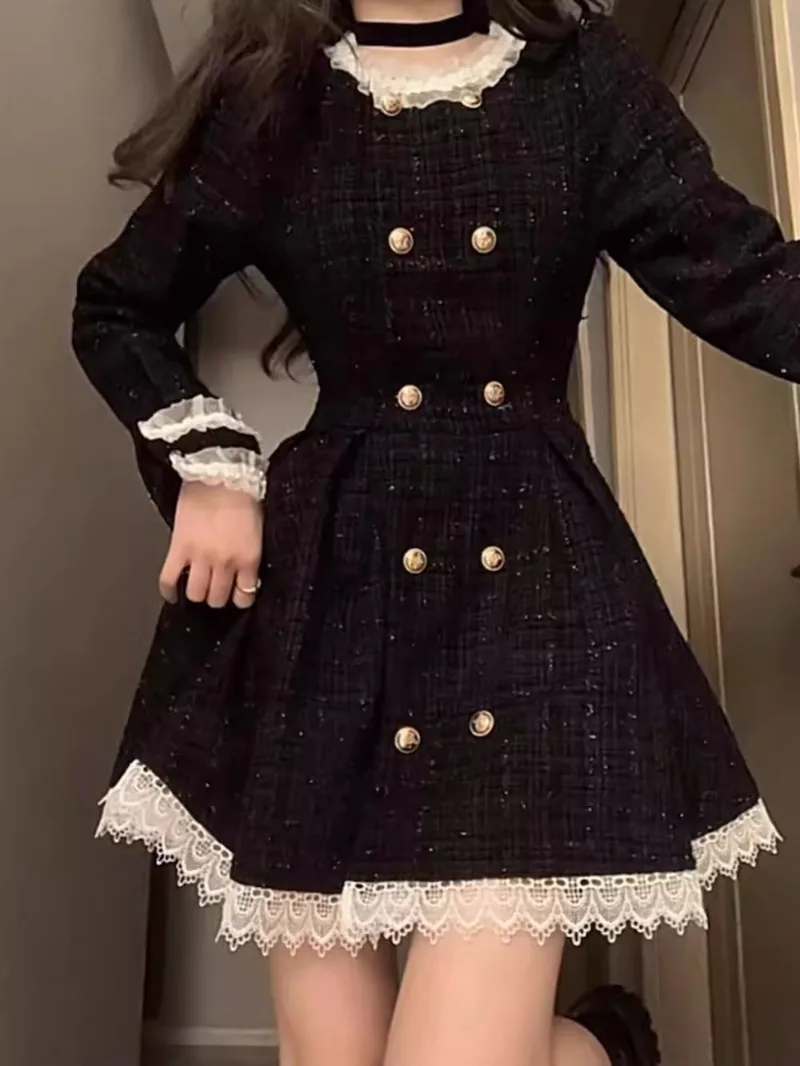 Temperament Coarse Tweed Plaid Dress Women Lace Splice Double Breasted French Flounce O-neck Sweet Slim Spring Chic Female Wear