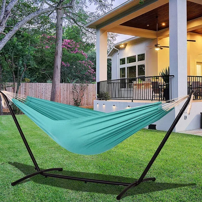 Outdoor Indoor Capacity Double Cotton Hammock with Space Saving Steel Stand and Carry Bag Included