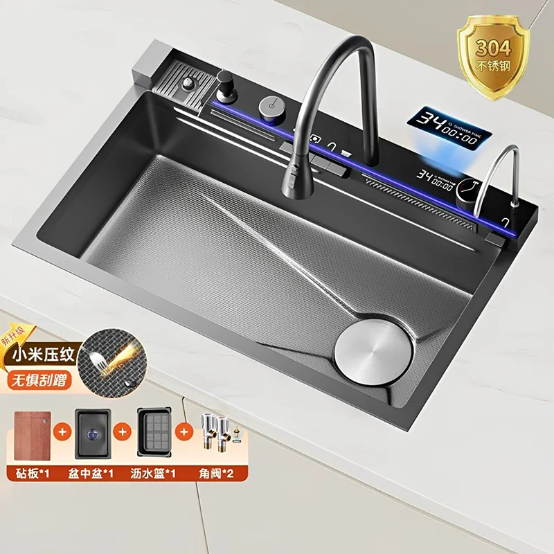 Kitchen 304 stainless steel whale flying rain waterfall sink large single-slot digital embossed sink for household use