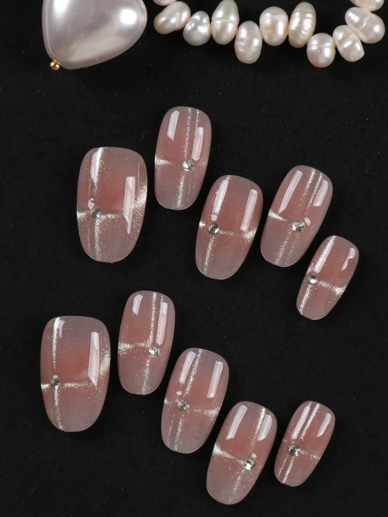 10Pcs Press on Nails  short powder blusher Cross Cat's Eye nail art Fake Nails Includes 1 Sheet Adhesive Tabs & 1 Pc Mini File