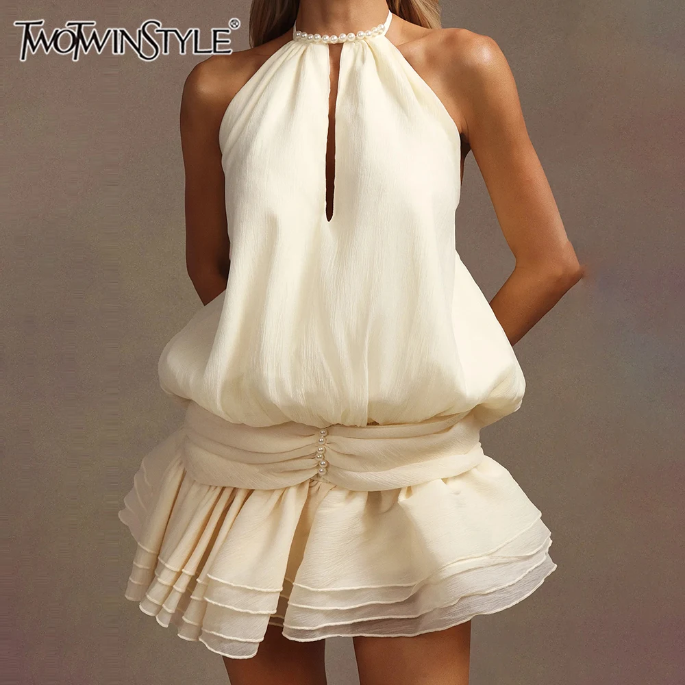 

TWOTWINSTYLE Solid Loose Spliced Ruffles Mini Elegant Dresses for Women Halter Neck Sleeveless Patchwork Bead Dress Female New