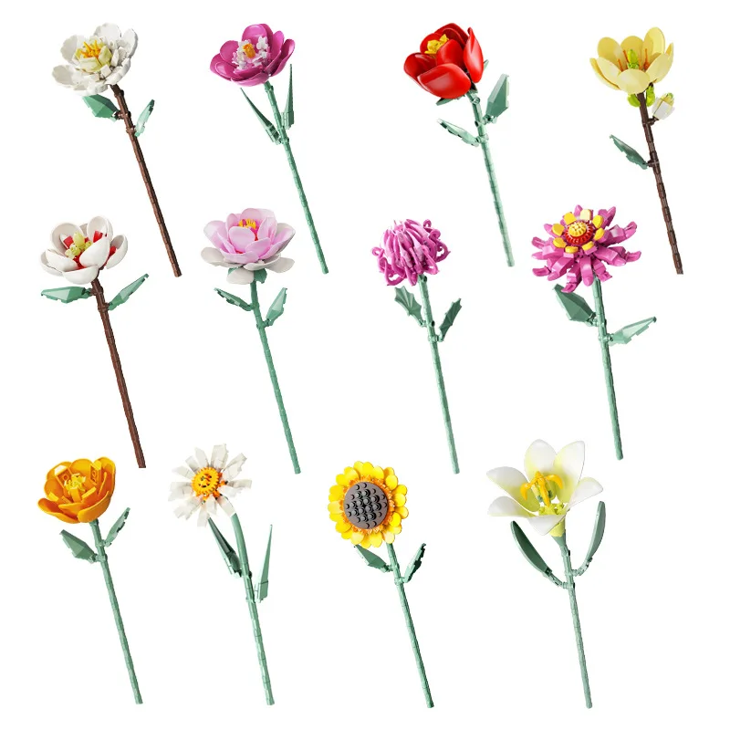 مكعبات بناء سلسلة الزهور المجمعة لعبة الحلي DIY محاكاة نموذج زهرة الزنبق الوردي لهدايا العيد للفتيات