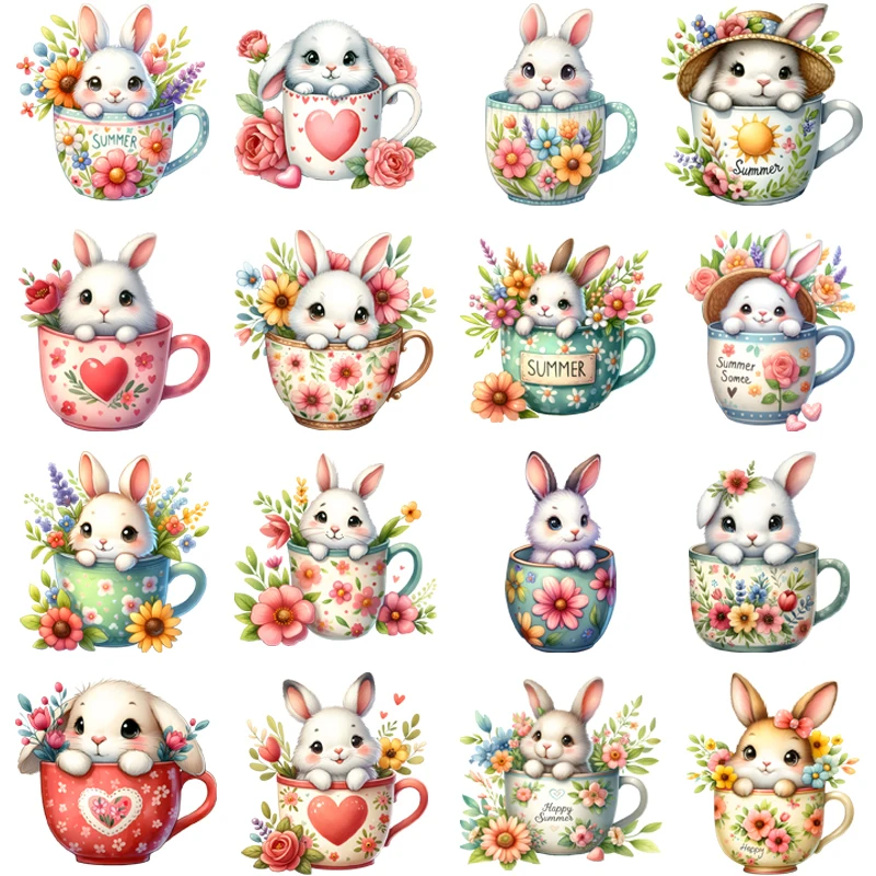 

Animal The rabbit in the cup Patch flower Animals Stickers New Diy Garment Accessory Washable Heat Transfer Patch For Clothing