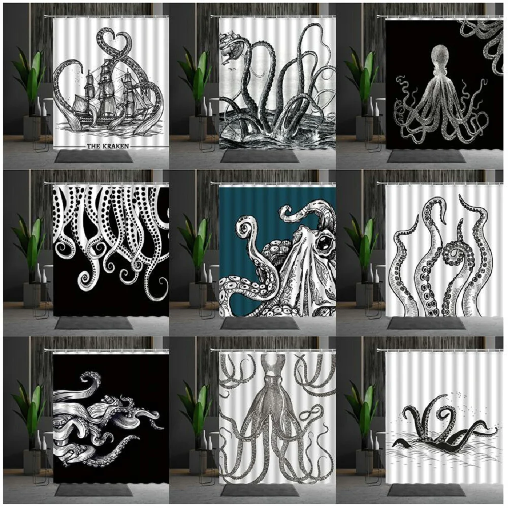 Shower Curtain Waterproof Shower Curtains Funny sea monster Octopus Shower Curtain Marine Organism Tentacle Black And White